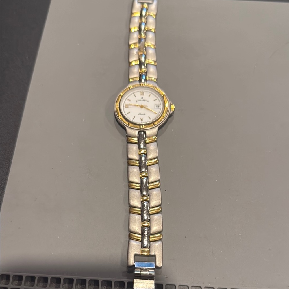 Jacques du Manoir Time & Date Swiss Watch/Matte Silver and Gold Tone Metal Band